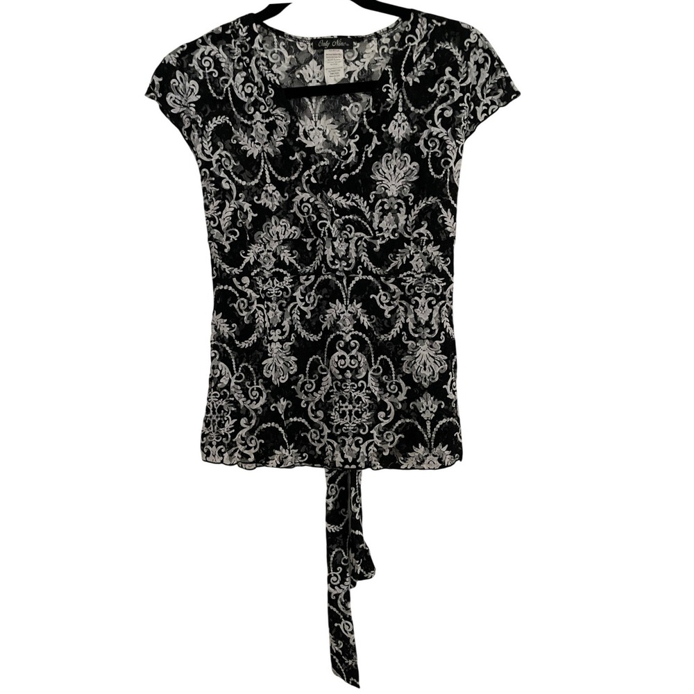 Only Nine Vintage Y2K Damask Lace Cap Sleeve Tie Waist Blouse Black White Large